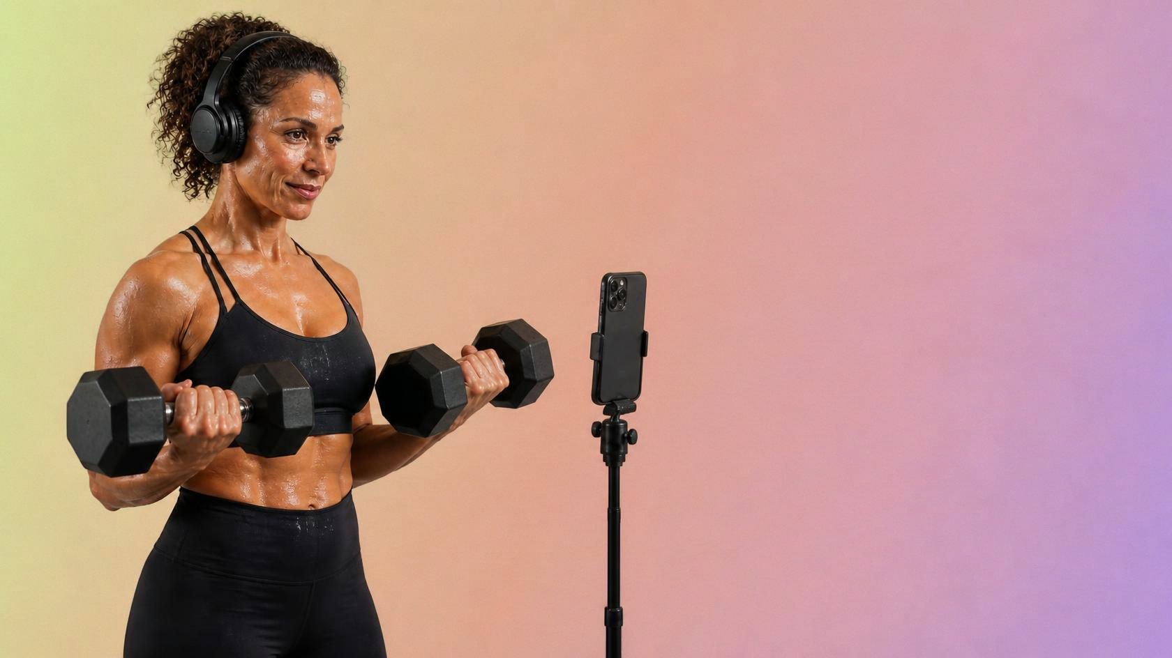 Woman doing dumbbell curls while following a live online class on her phone.