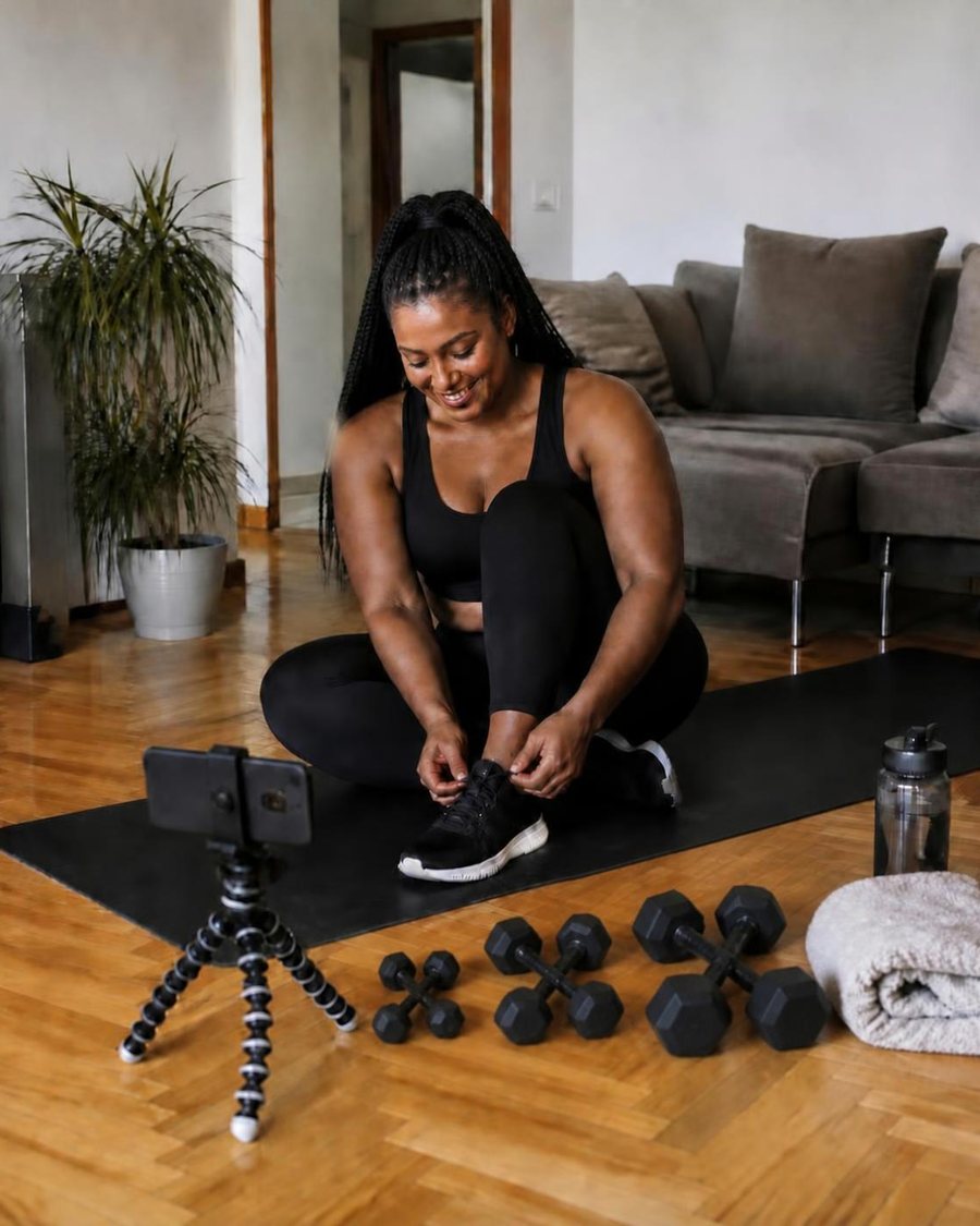 Woman lacing her sneakers on a yoga mat at home, with dumbbells and a phone on a tripod.