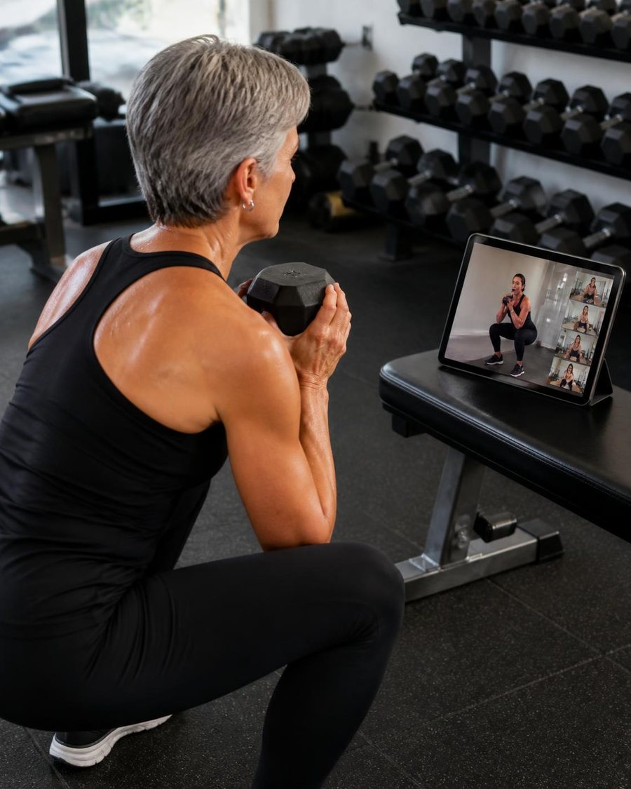 Woman in her 60s doing a goblet squat in the gym, following a live coach on her tablet.